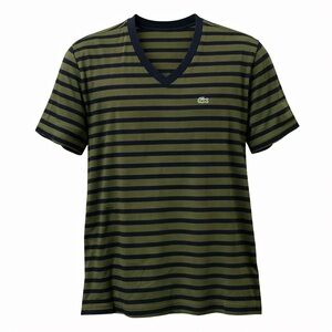 Lacoste Men’s Striped V-Neck T-Shirt Size 7 Green Short Sleeve